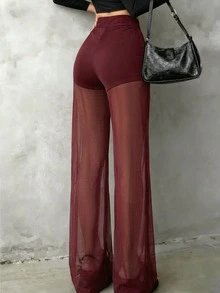 女款純色透視網紗休閒優雅高腰直筒長褲，適合日常穿著、通勤、辦公、約會、聚會 - 酒紅色 - 查看 2