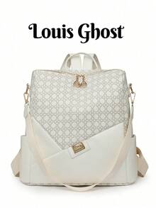 Women's Rhombus Pattern Large Capacity Backpack, Patchwork Commuter Bag, Student Backpack, Mommy Bag - White - View 1