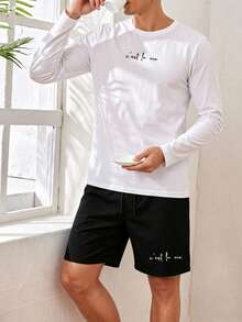 Men's Summer Crew Neck Casual Long Sleeve T-Shirt And Casual Shorts Loungewear Set - White - View 1