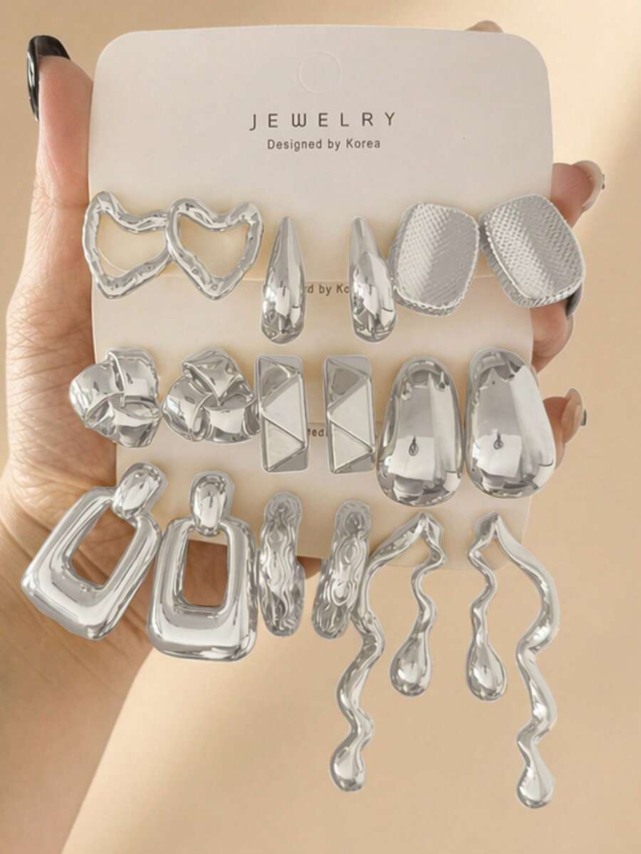 6-18pcs/Set Heart, Water Drop, Asymmetrical Wave, Geometric Polygon, Triangle Multiple Styles Earring Set, Women's Fashion Silver Earring Set, Elegant And Versatile, Suitable For Party, Travel, Gift, Engagement And Other Occasions - Silver - View 1