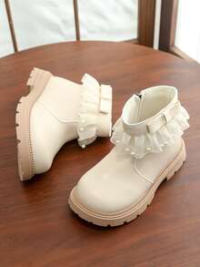 Girls' White Ankle Boots, College Style, Mesh Frill Trim With Pearl Bow, Side Zipper For Easy On/Off, Thick Textured Non-Slip Sole, Versatile Kids' Shoes For School Uniforms In Autumn/Winter - White - View 6