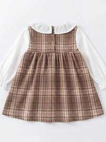 Girls' Spring/Autumn New Plaid Dress, Brown Check 2 In 1 Peter Pan Collar Long Sleeve Princess Dress - Khaki - View 6