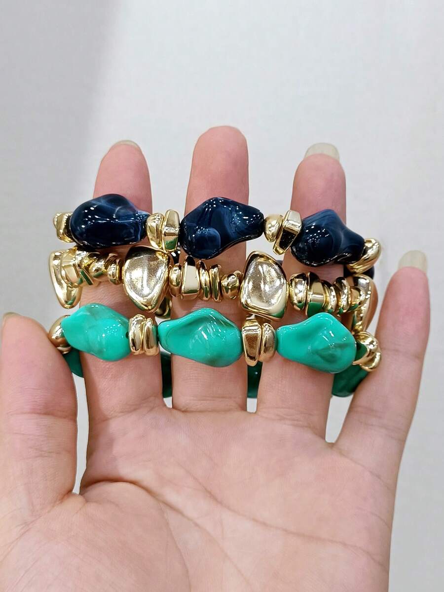 3pcs/Set Fashionable New Vintage Thick Multi-Color Natural Texture Acrylic ABS Material Elastic Beaded Bracelet Set, Suitable For Women Daily Wear (With Actual Wearing Material Display Image)
