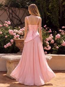 UNITHORSE Women's Pleated Cinching Waist Jacquard Chiffon Evening Dress - Pink - View 3
