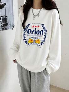 Y2K 美式復古新款女款圓領 Orion Beer 印花休閒百搭可愛女孩寬鬆長袖 T-shirt 上衣 白色 - 白色 - 查看 2