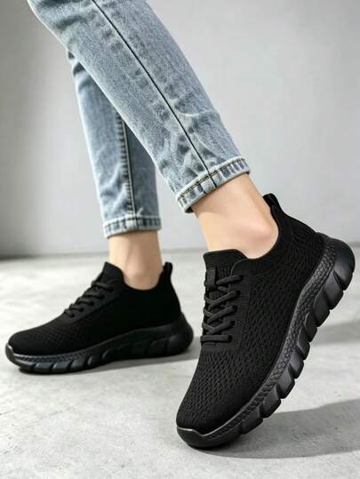 Women's Outdoor Sports Shoes Black Soft Mesh Breathable Tennis Shoes Non-Slip Lightweight Lace-Up Walking Casual Shoes