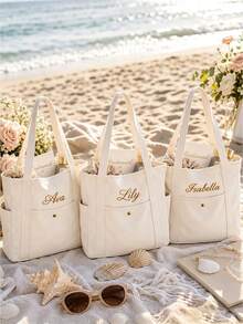 Custom Embroidered Bridesmaid Tote Bag, Personalized Canvas Beach Bag With Initial Ribbon, Bridesmaid Wedding Gift, Bridal Party Tote Bag - Multicolor - View 6