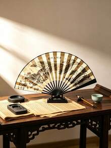 Multiple Styles Vintage Folding Fans, Classic Qingming Shanghe Tu Ink Wash Landscape And Figure Print Folding Fan, Portable Photo Prop For Hanfu, Cosplay And Theme Party Outfits - Multicolor - View 2
