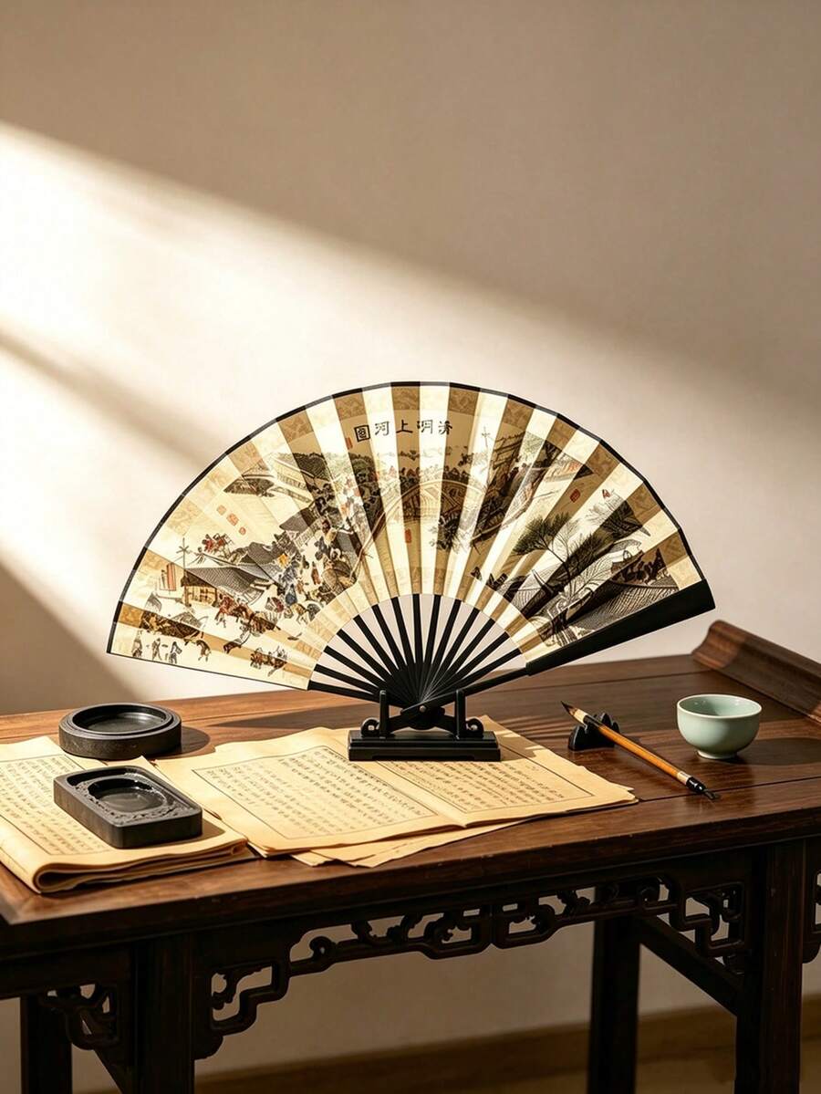 Multiple Styles Vintage Folding Fans, Classic Qingming Shanghe Tu Ink Wash Landscape And Figure Print Folding Fan, Portable Photo Prop For Hanfu, Cosplay And Theme Party Outfits