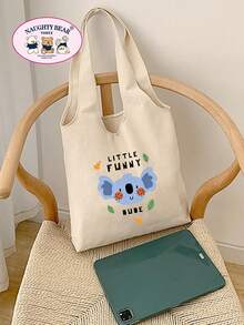 1pc Beige Many Animal Families English Print Women's Canvas Tote Bag Vest Shopping Bag - Beige - View 2