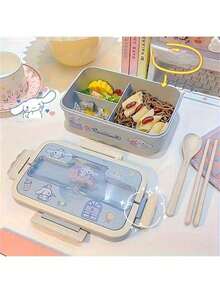 1pc Sanrio KT Cat Back To School Season Divided Lunch Box With Lid, Transparent Cover, Utensils Fork & Spoon, Reusable, Microwave Plastic Bento Box, Portable Breakfast Container, Perfect For Home Kitchen, School, Office, Travel And Outdoor Picnic, Random Stickers - Multicolor - View 2