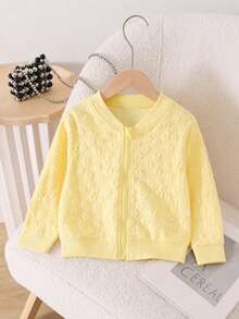Girls' Casual Fashion Floral Textured Long Sleeve Zip-Up Jacket, Suitable For Daily Casual, Outdoor Activities And School Wear - Yellow - View 3