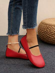 1 Pair Women's Red Elastic Strap Round Toe Flat Ballet Shoes Fashion Design Daily Slip‑On Flat Shoes - Red - View 2