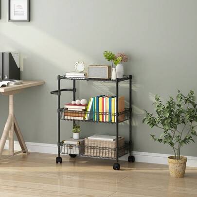 Hodeffior Rolling Cart With Wheels, 3-Tier Kitchen Storage Cart With Handle, Wire Shelving Utility Trolley, 60 X 35 X 80 Cm