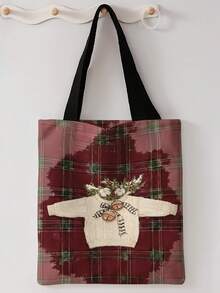 1pc Christmas Plaid Print Print Shoulder Tote,Large Capacity For Books,Groceries & Daily Beach Travel School Use.For Students, Great Daily Bag Or Gift - Red - View 15