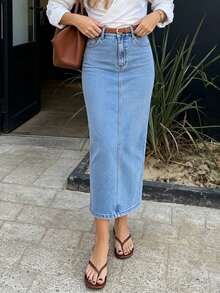 Light Blue Washed Mid-To-High Waist Denim Skirt For Women, Vintage Bodycon Mid-Length Slim Fit Commuter Versatile Denim Skirt, Belt Not Included - Medium Wash - View 2