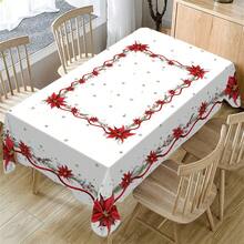 1pc Minimalist Christmas Tablecloth, Christmas Tree Red Ribbon Pattern, Poinsettia Flower Design, Rectangular, Christmas Home Decor Tablecloth, Suitable For New Year Party Dinner Table Atmosphere Decoration - A - View 4