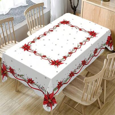 1pc Minimalist Christmas Tablecloth, Christmas Tree Red Ribbon Pattern, Poinsettia Flower Design, Rectangular, Christmas Home Decor Tablecloth, Suitable For New Year Party Dinner Table Atmosphere Decoration