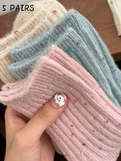 5 Pairs Thickened Polka Dot Mesh Socks, Autumn/Winter Warm Home Floor Loose-Top Mid-Calf Maternity Socks