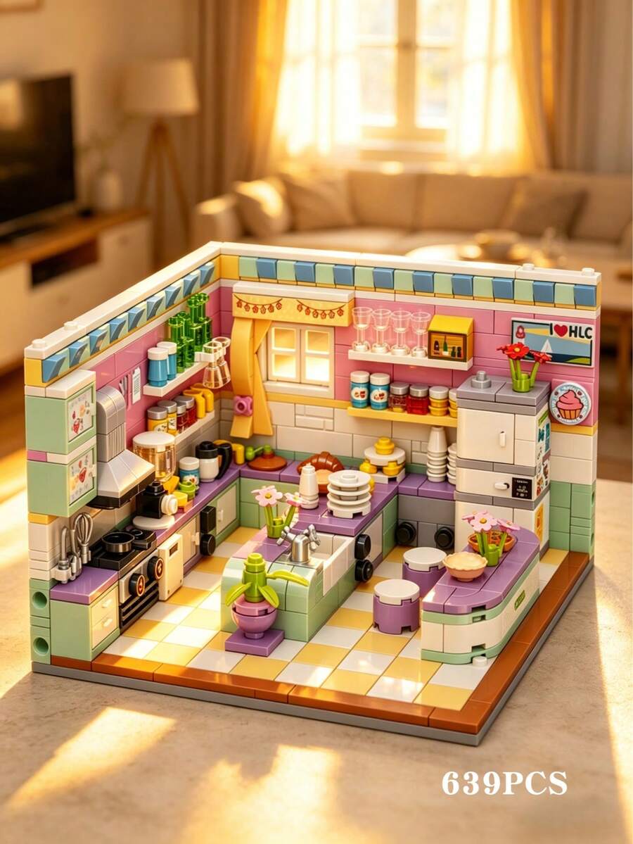 639 Pieces Of The Cozy Kitchen Indoor Building Block Set, Featuring Stove, Oven, Refrigerator And Other Furniture Components. It Is An Adult DIY Handicraft Making Puzzle. This Set Presents A Realistic Miniature Landscape Of A Family Kitchen. - Multicolor - View 1