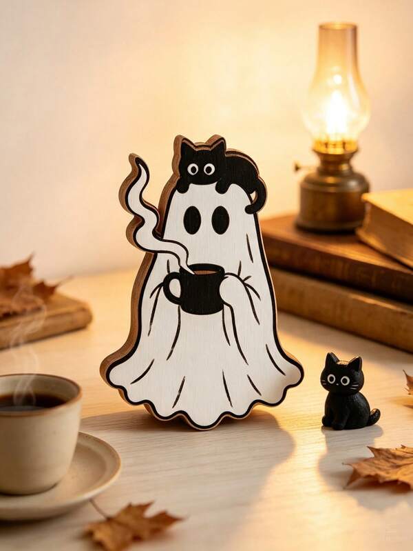 Decoración de escritorio de madera con fantasma y gato negro de Halloween, decoración para el hogar, dormitorio y comedor, regalo de arreglo de mesa para fiesta de vacaciones