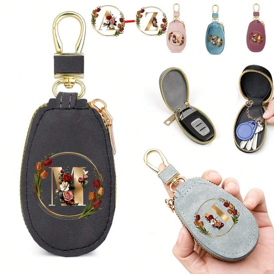 Floral Wreath Letter A-Z Car Key Holder, Mini Car Key Storage Bag, PU Leather Keychain Wallet, Zipper Pouch, Car Key Organizer, Car Keychain, Unisex Gift