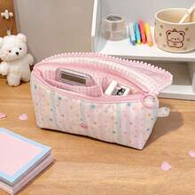 1pc Colorful Patchwork Pencil Case, Large Capacity Multi-Layer Stationery Organizer With Pink Pom Pom Trim, Zipper Compartment And Snap Front Pocket, Portable Storage Bag For Pens, Pencils, Erasers, Rulers, Cards And School Supplies, - Colorful Print - View 2