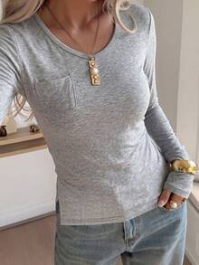 Autumn New V-Neck Cinched Waist Pocket Long Sleeve T-Shirt, Slim Fit Flattering Sexy Top - Grey - View 4