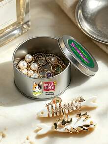 Novelty Sardine Can‑Shaped Metal Jewelry Storage Box, Cat Print, Fishbone Partition Snap Closure,Trinket Organizer, Container, Gifts Daily Decor - Multicolor - View 8