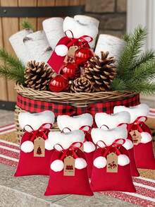 3set Christmas Drawstring Gift Bag Set- Bags Featuring Pom-Poms And Matching Gift Tags. These Reusable Fabric Bags Are Perfect For Packaging Small Gifts And Are Also Ideal For Christmas And New Year's Party Decorations And Gift Wrapping - Multicolor - View 3