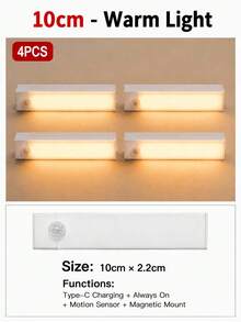 4 قطع شريط إضاءة LED دافئ USB 10/20/30/50 سم مع مستشعر حركة - شريط إضاءة LED بمستشعر حركة لاسلكي، إضاءة تحت الخزانة، مصباح ليلي مغناطيسي قابل للشحن قابل للالتصاق للممر وخزانة المطبخ والرف والخزانة وديكور المنزل - متعدد الألوان - مشاهدة 25