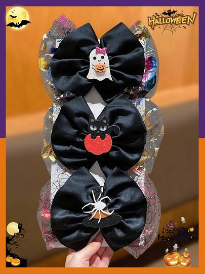 3pcs Halloween Satin Bow Hair Clips Set, Ghost Black Cat Spider Witch Hat Decorated Tulle Bow Hair Clips, Suitable For Women And Girls Halloween Cosplay Party Hairstyle Accessories, Women's Halloween Hair Accessories, Halloween Accessories, Halloween Costume, Halloween Party Ball Hair Accessories, Women's Hair Clips, Back To School, Autumn Accessories For Women