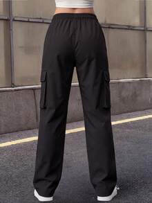 Knot & Curve Women's Outdoor Commute Cargo Pants Loose Slimming Straight Leg Elastic Waist Zipper Pockets Versatile Sports Long Pants - Black - View 6