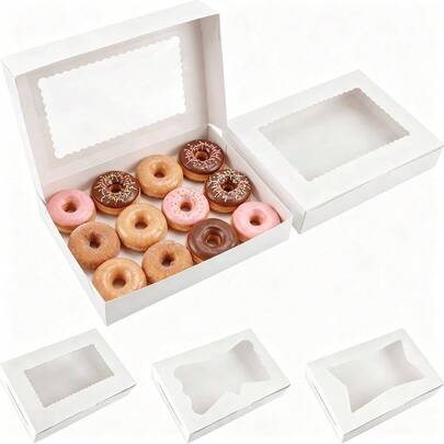 White Bakery Boxes With Window 48 Pack, 12x8x2.5 Inch Cookie Boxes With 3 Window Styles, White Cardboard Donut Boxes Pastries Cupcakes Treats, Includes 15 Kraft Stickers