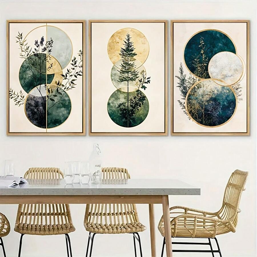 3pcs/Set Retro Style Geometric Patterns And Tree Branch Design Canvas Poster, Abstract Art Wall Decoration, Wall Art, Suitable For Bedroom, Living Room, Study, Kitchen, Office, Dining Room Decoration, Home Decoration