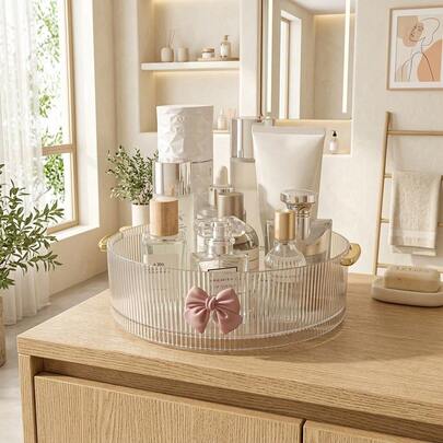 1pc 360° Rotating Transparent Cosmetic Storage Box + Bowknot Decoration/Multifunctional Cosmetic Storage Rack, Suitable For Skincare, Lipstick, Perfume, Jewelry, Etc., Perfect For Dorm And Bathroom Vanity