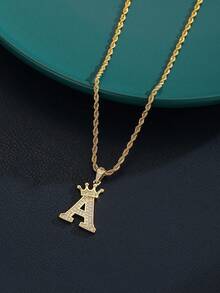 1pc Gold Crown Initial Pendant Necklace, Shiny Rhinestone Rope Chain, Hip Hop Style Jewelry, Street Party Daily Wear Gift For Boys And Girls - Gold - View 3
