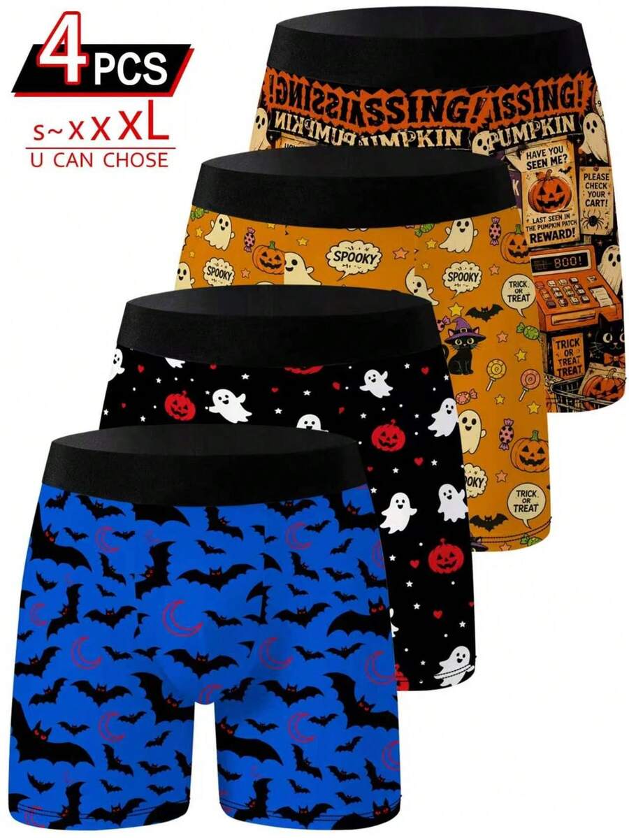 4 Random Pairs Of Men's Fun Shorts, Halloween Quirky Bats And Spooky Distressed Pumpkins, Sporty Casual Long Boxer Briefs - Multicolor - View 1