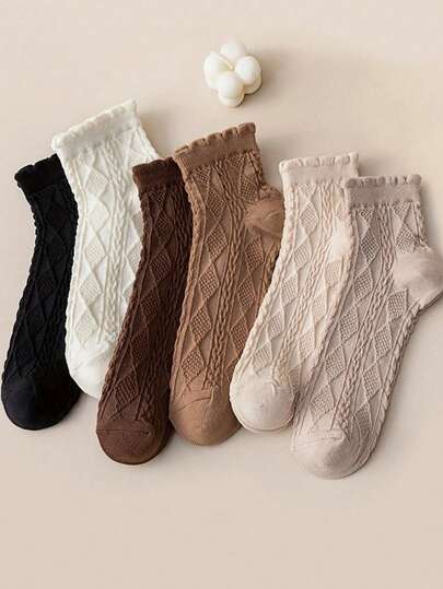 1/6 Pairs Women Solid Color Diamond Pattern Short Socks -Breathable & Comfortable WithLace Trim, Suitable For Spring/Summer, Cute Socks Random