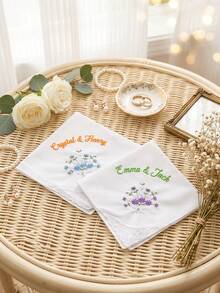 1pc Custom Text Wedding Handkerchief, Personalized Happy Tears Bridal Hankie, Custom Flower Gift For Bride, Mother Of The Bride Groom Keepsake - Multicolor - View 5