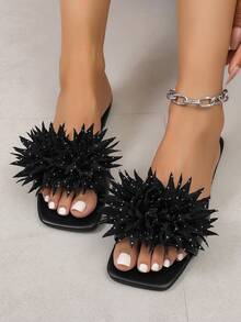 Women Open Toe Slide Sandals Floral Ornament - Black - View 5
