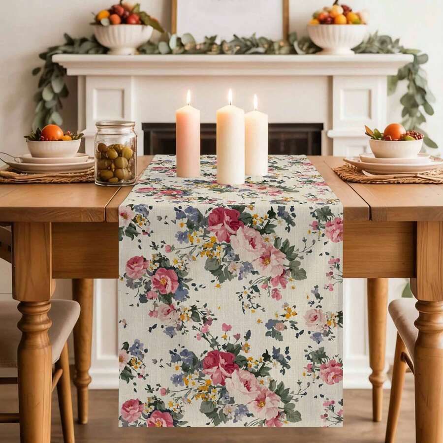 1pc Vintage Pink Rose Mixed Wildflower Print Table Runner, French Country Style Polyester Stiff Fabric, Party Dining Accessory, Farmhouse Dining Table Decor, Suitable For Kitchen Table, Coffee Table, Cabinet, Party, Wedding, Holiday Decoration - Multicolor - View 1