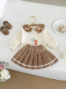 Miniweenns 2pcs/Set Baby Girl Spring/Autumn Outdoor Casual Back To School Long Sleeve Applique Sweatshirt + Sweet Pleated Skirt - Multicolor - View 2