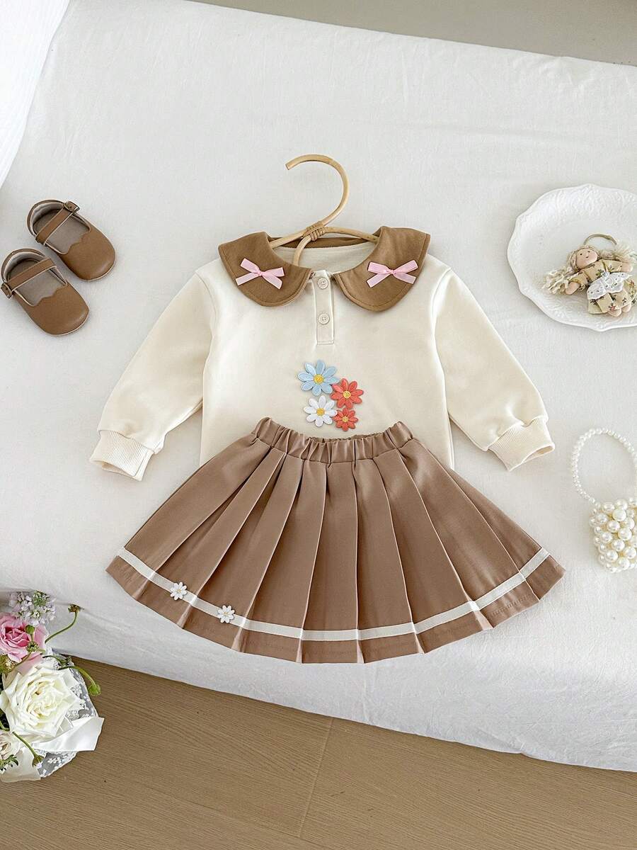 Miniweenns 2pcs/Set Baby Girl Spring/Autumn Outdoor Casual Back To School Long Sleeve Applique Sweatshirt + Sweet Pleated Skirt