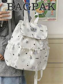 1pc Plaid Star & Bow Print Backpack, College Style Drawstring Flap Multi-Pocket Daily Bag, Suitable For Campus Daily Commute - Multicolor - View 1