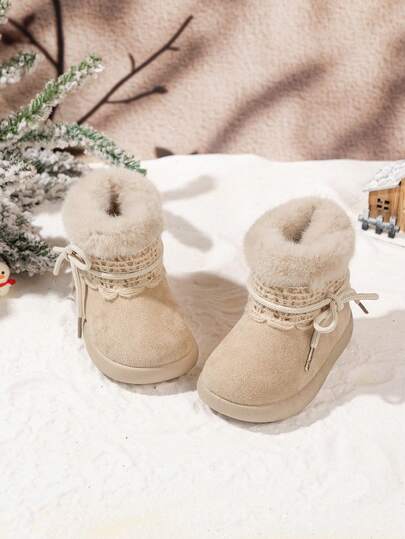 1 Pair Winter Baby Snow Boots, Cute Bear Decoration, Plush Fur Trim, Thickened Style