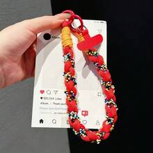 Handmade Woven Cotton Rope Unique Niche Beaded Girls' Portable Small Pendant Chain Bag Charm Creative Versatile Thick Keyring Contrast Color Lanyard Short Wrist Strap Anti-Drop Phone Rope Phone Chain - Multicolor - View 11