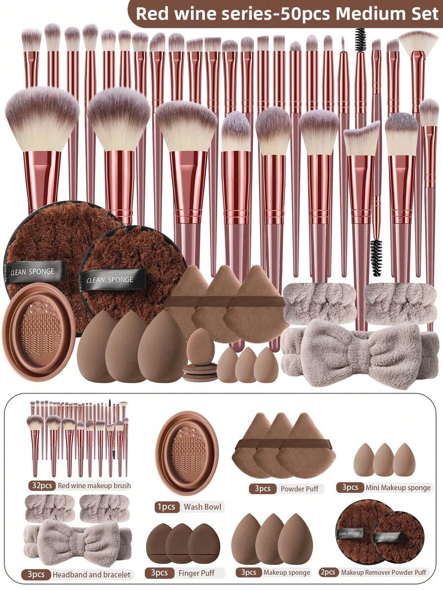 50Pcs/6pcs Wine Red Makeup Brushes Cosmetic Sponges Triangle Powder Puffs Finger Puffs Silicone Cleaning Bowl Bow Hairband Ultra Soft For Foundation Concealer Powder Blending Makeup Tool Kit For Beginners - Burgundy - View 1