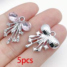 5/20pcs Silvery Plated Pink Rhinestone Charms Ballerina Fairy Butterfly Bear Moon Star Bow Shell Pendant For DIY Necklace Earring Jewelry Making - Pink - View 21