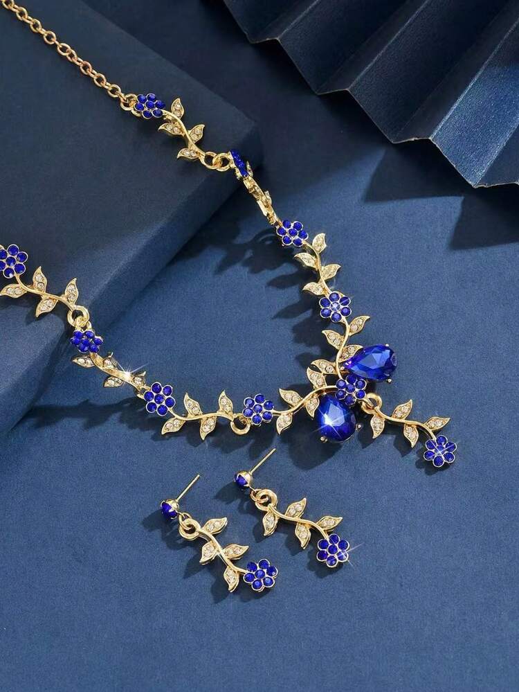 1 Set Sunflower Rhinestone Crystal Necklace & Earrings Jewelry Set For Women, Party & Wedding Accessories - Blue-gold - View 3